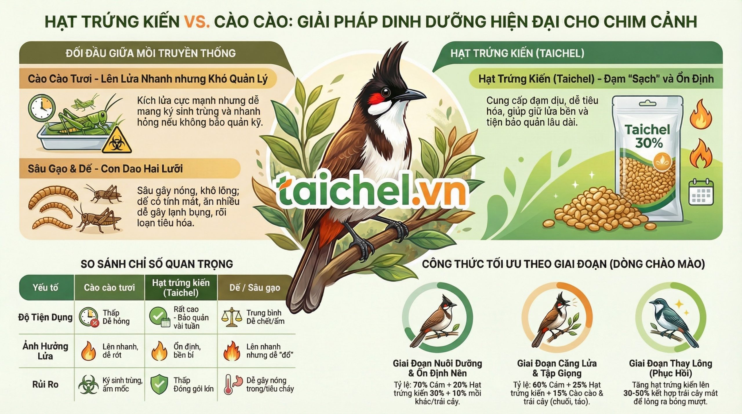 Infographic so sánh ưu nhược điểm các loại mồi tươi và hạt trứng kiến thay thế cào cào cho chim cảnh.