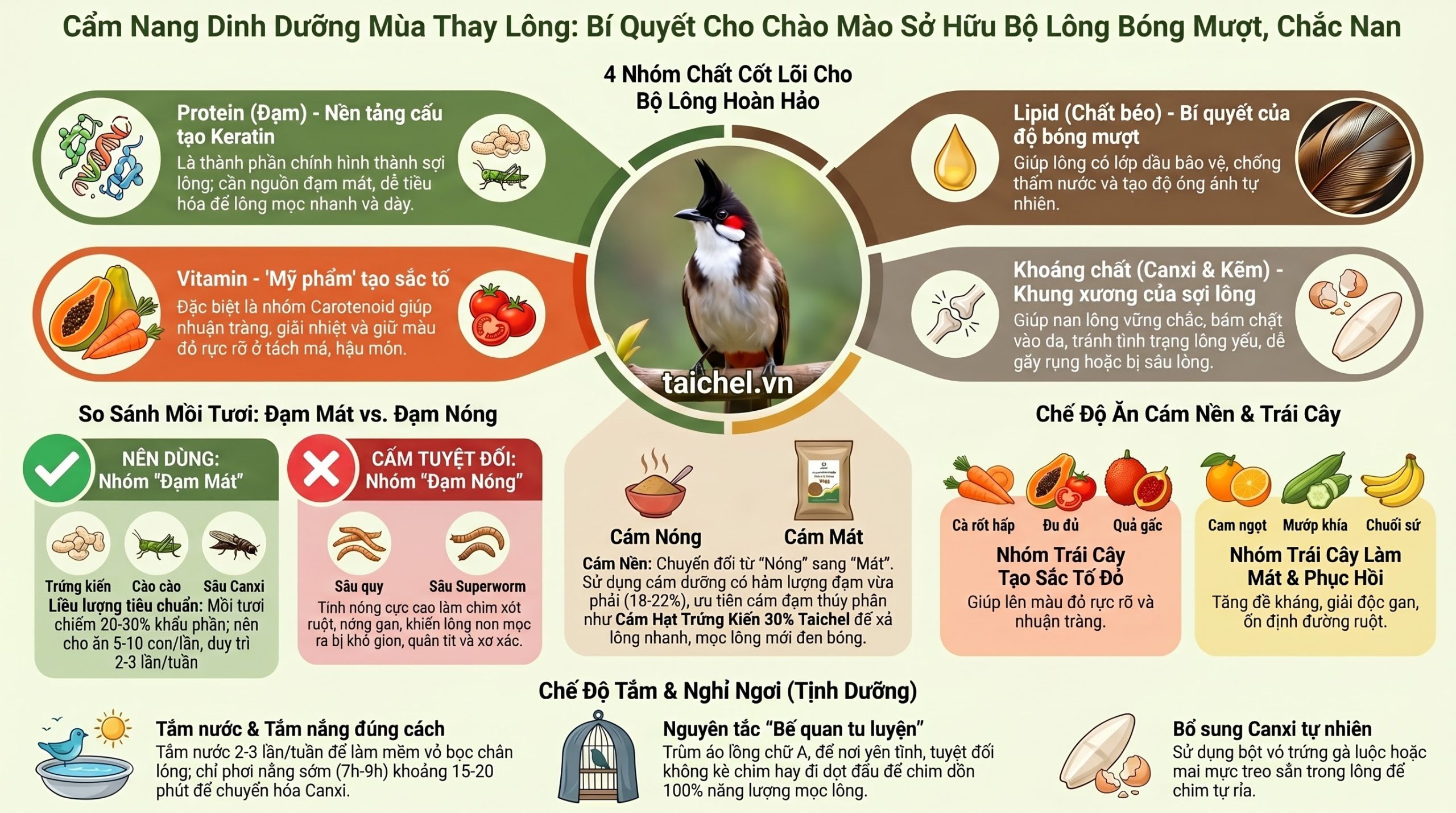 Infographic tháp dinh dưỡng chuẩn khoa học dành cho chào mào trong mùa thay lông.