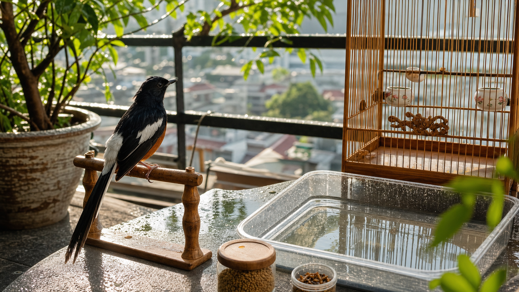 Chòe than ráo lông trong nắng sớm sau mưa