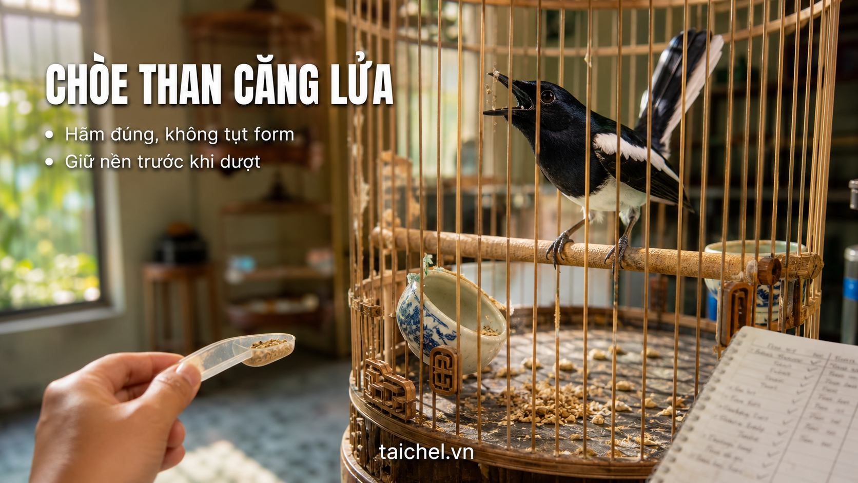 Cám nền và nước sạch cho chòe than đang quá căng