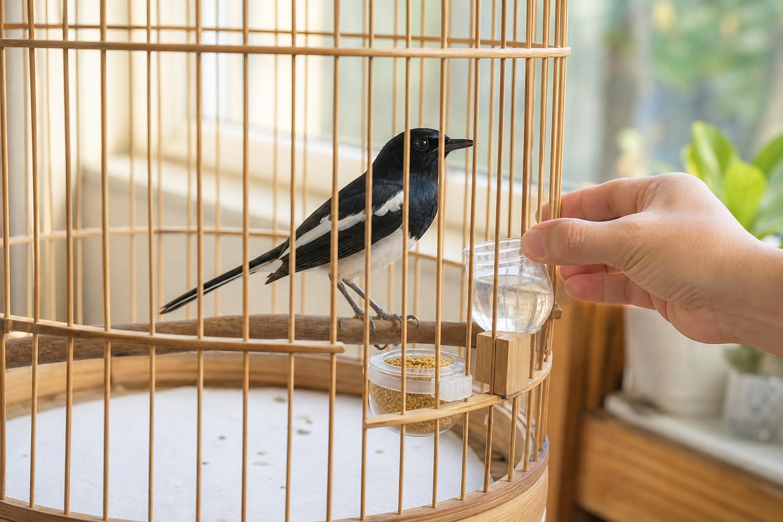 Chòe than trong lồng sạch với nước mới và cám khô sạch