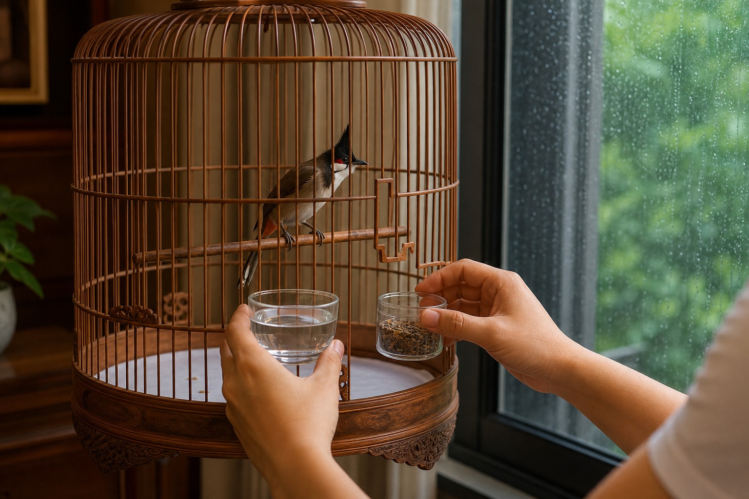 Chào mào trong lồng sạch với nước và cám khô mùa mưa