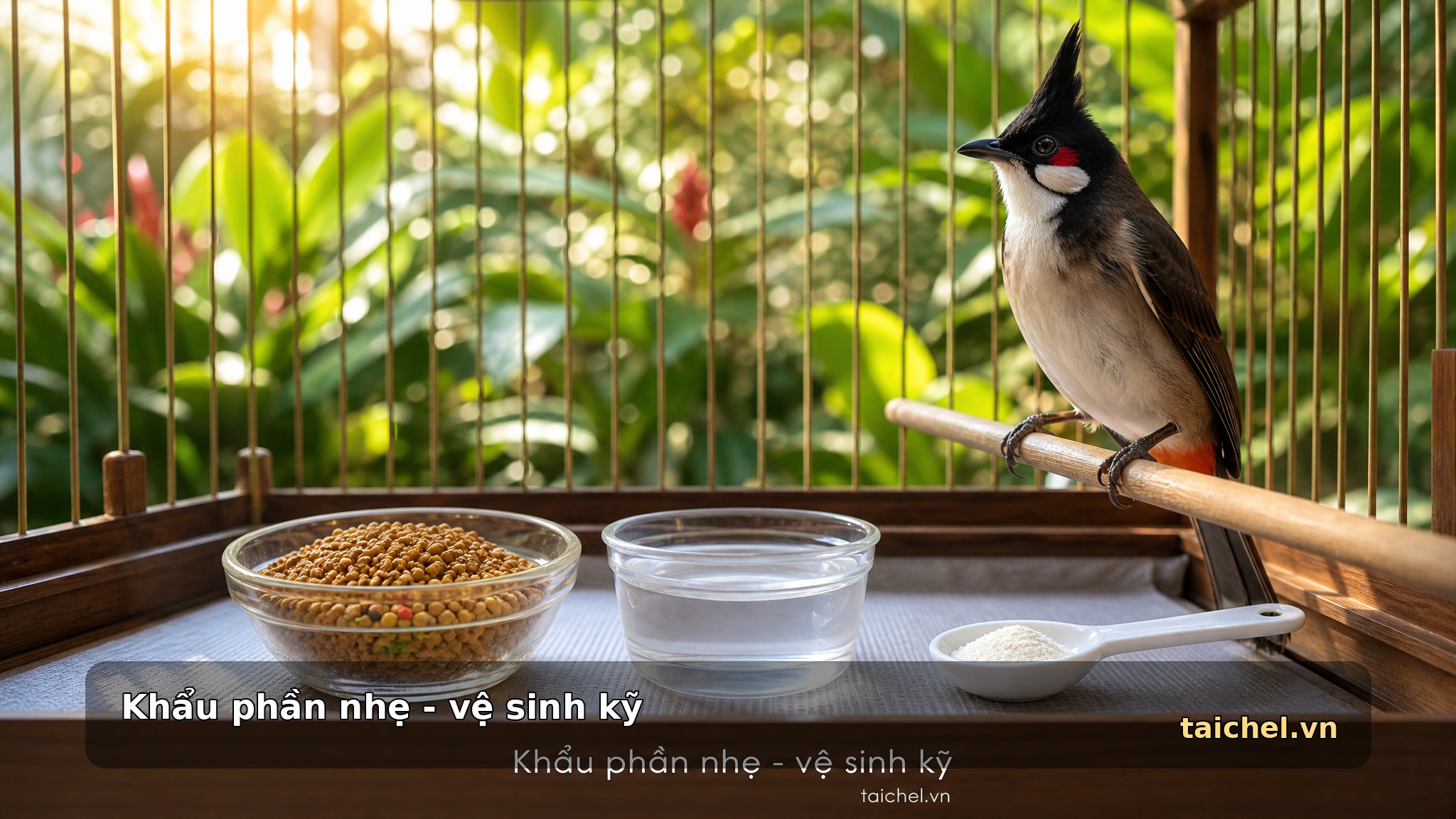 Cám quen nước sạch và lồng vệ sinh kỹ cho chim chào mào