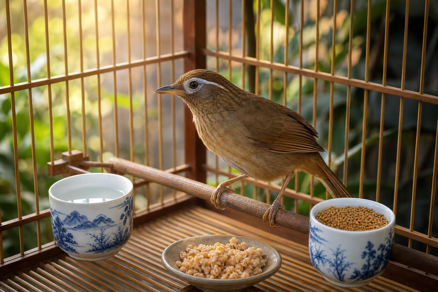 Họa mi bên cóng nước sạch và cám khô trong lồng tre