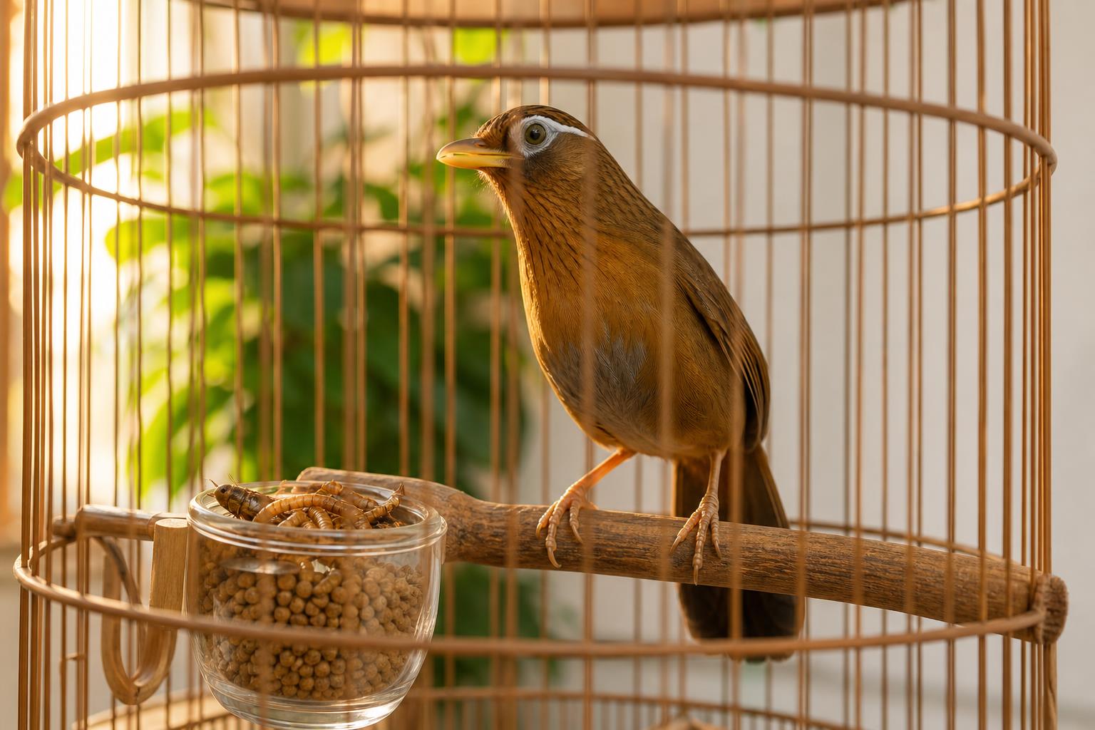 Họa mi ăn cám nền và mồi tươi vừa đủ trong lồng sạch