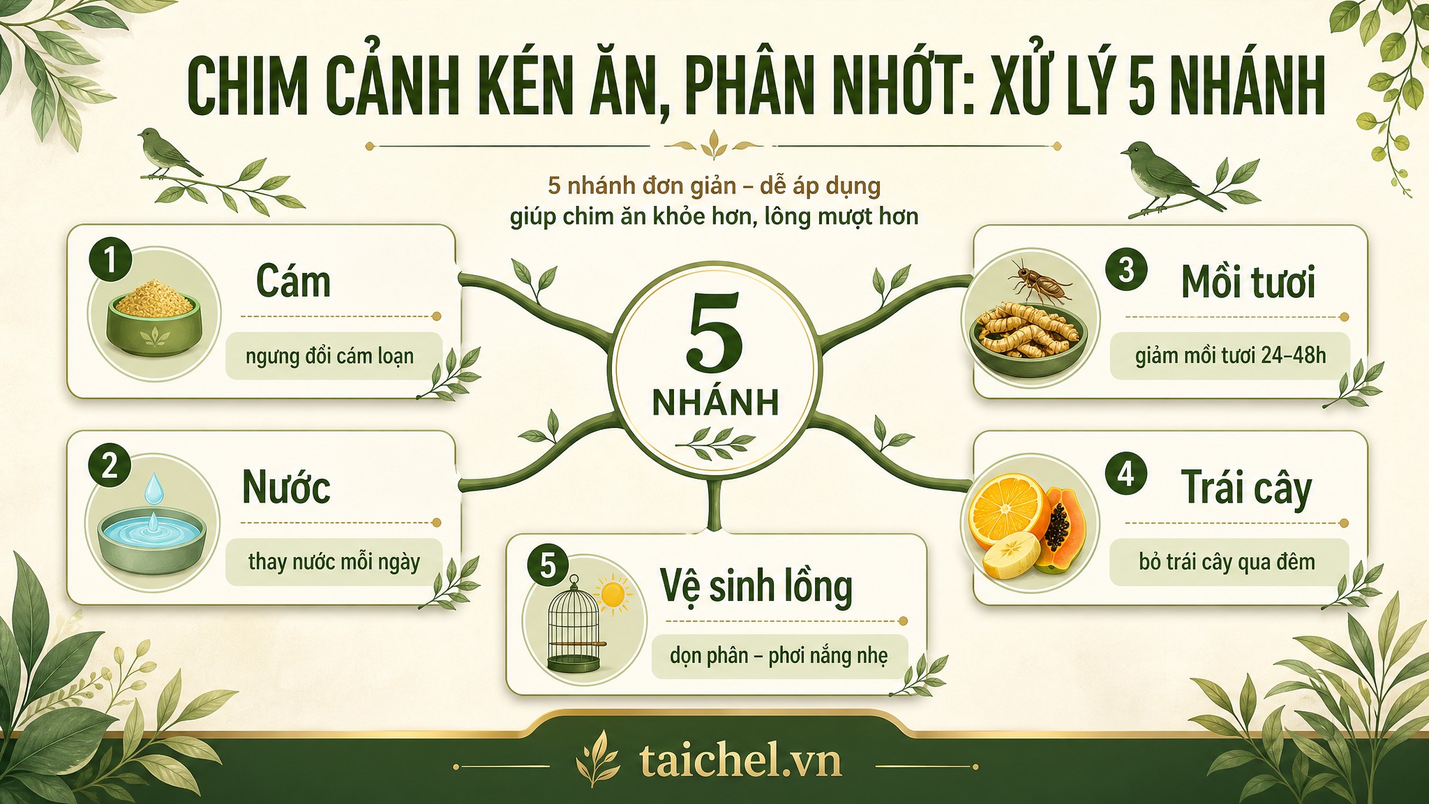 Infographic 5 nhánh xử lý chim cảnh kén ăn phân nhớt