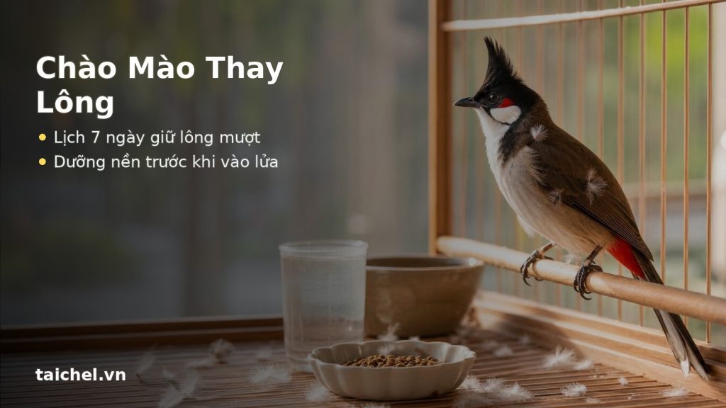 Chào mào thay lông với lông rụng nhẹ, nắng sáng và lịch dưỡng nền