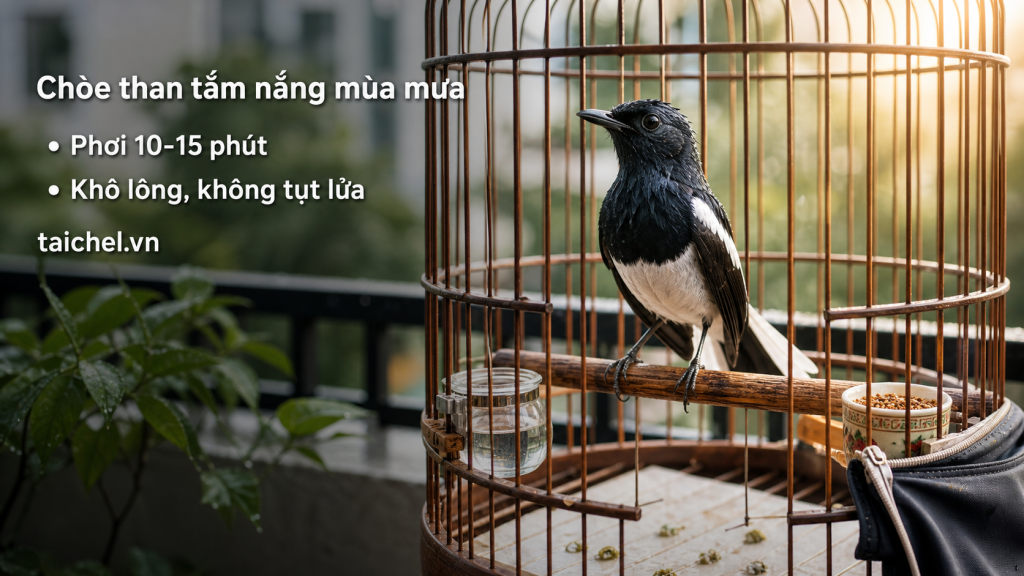 Ảnh bìa chòe than tắm nắng mùa mưa, phơi ngắn để khô lông không tụt lửa