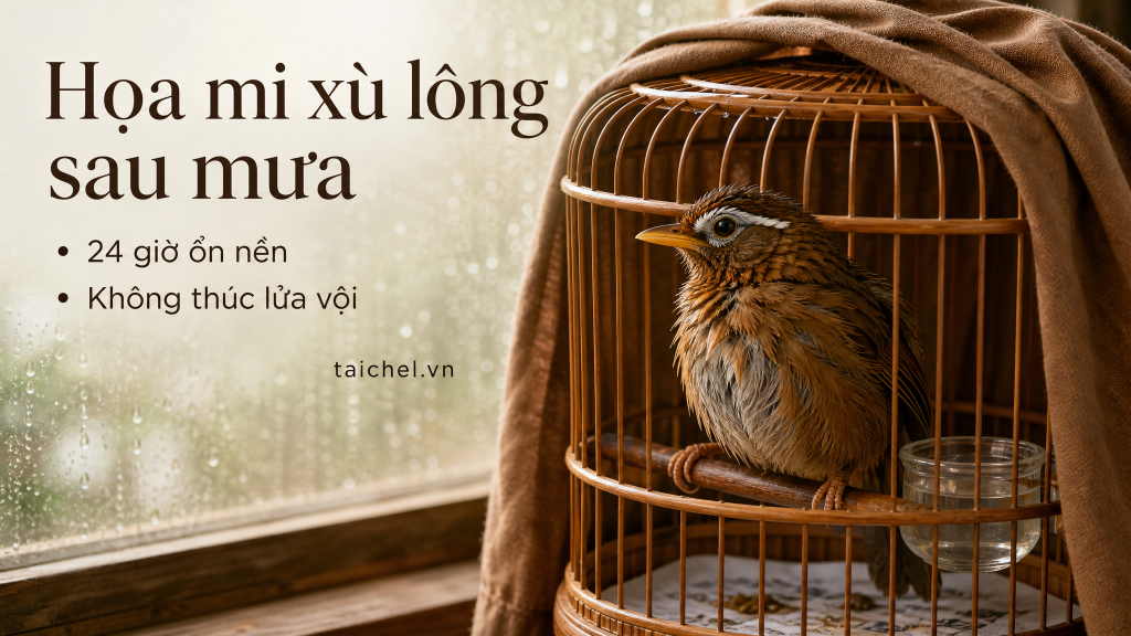 Ảnh bìa họa mi xù lông sau mưa với lồng khô, áo lồng và cảnh mưa ẩm