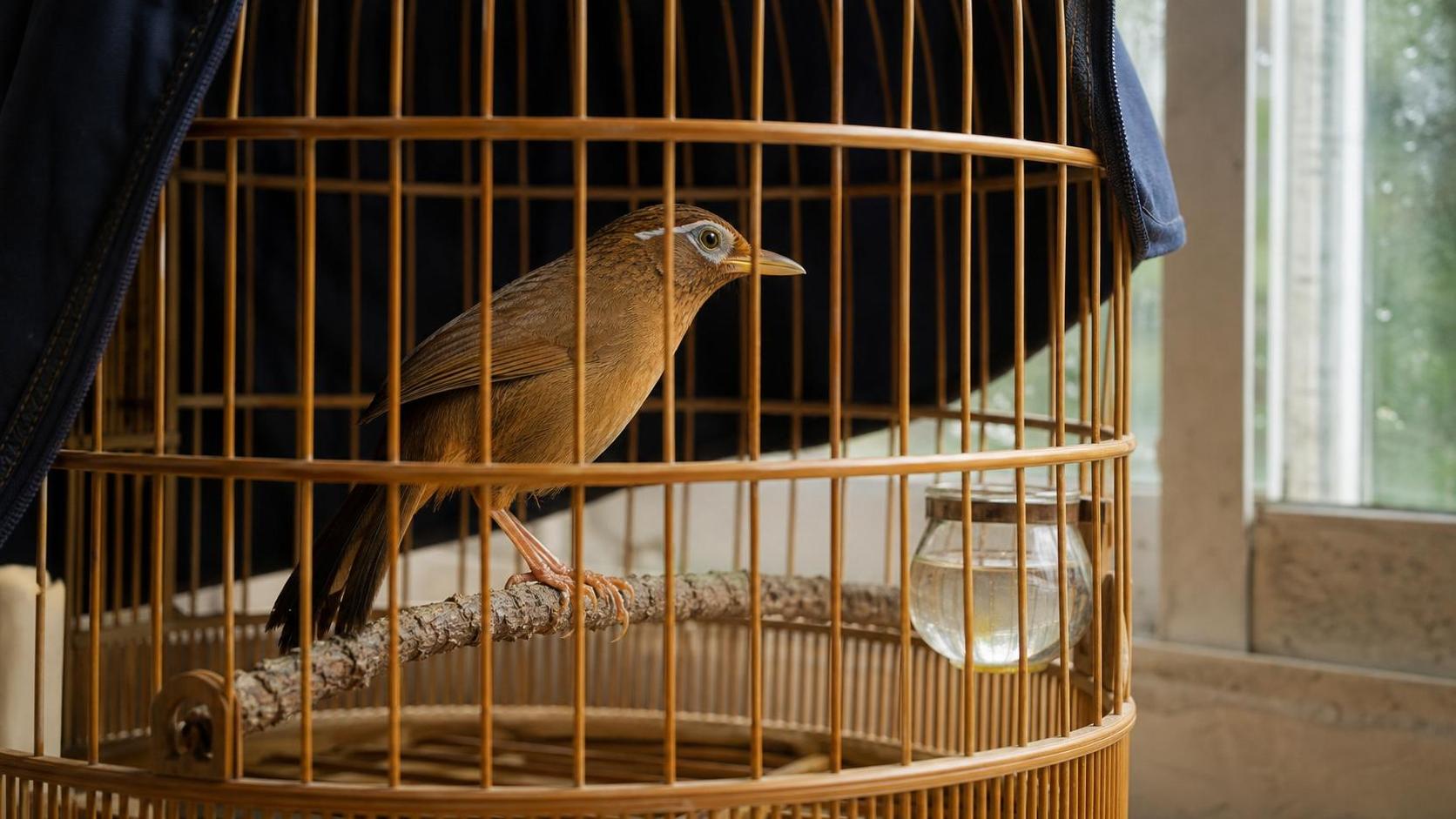 Họa mi nghỉ trong lồng quen sau buổi dợt, áo lồng mở chữ A
