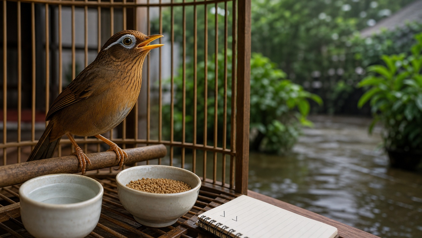 Họa mi trong lồng tre với cóng cám khô mùa mưa