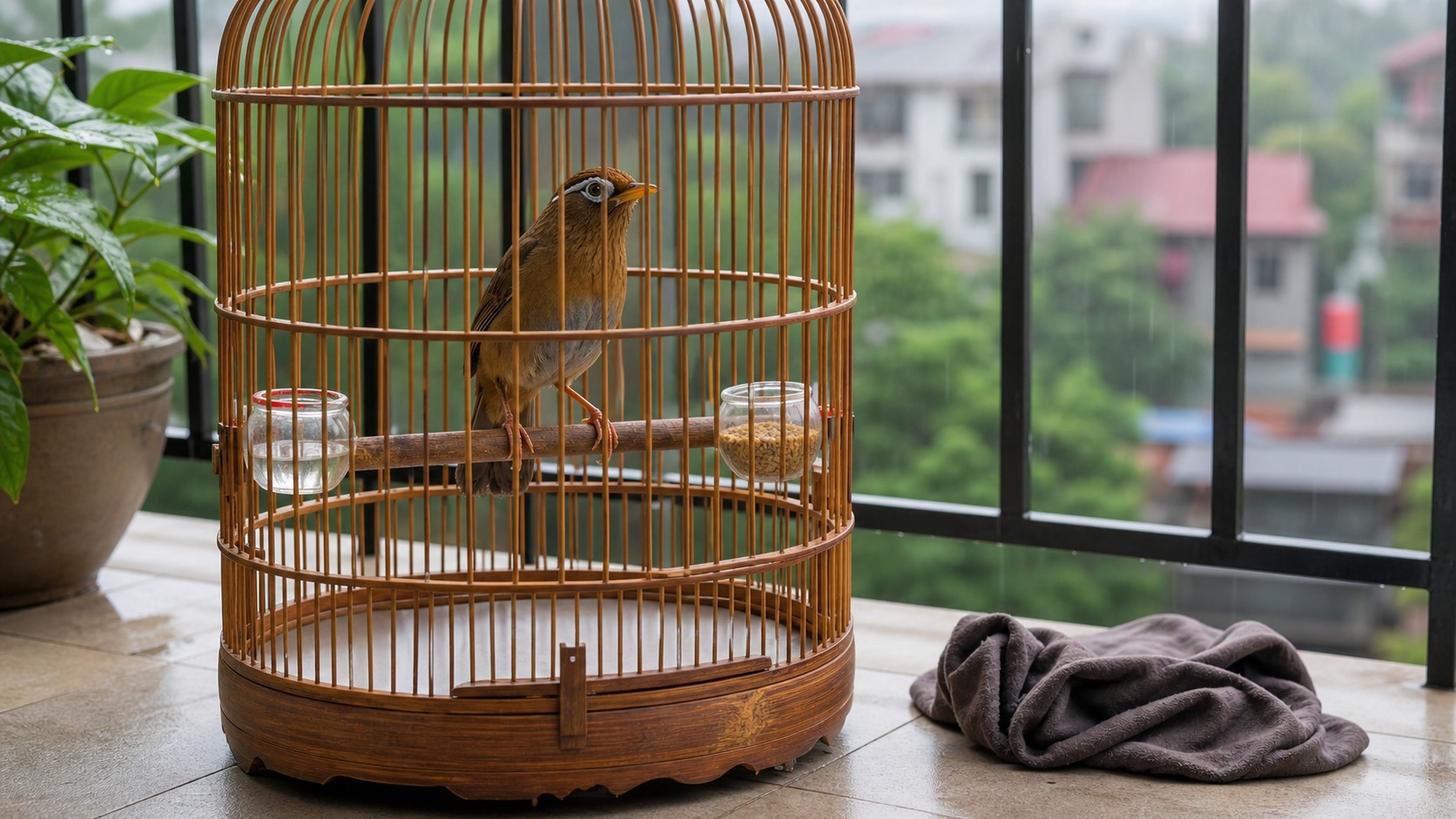 Họa mi ngủ gục nhẹ trên cầu, lồng khô và cóng nước sạch mùa mưa