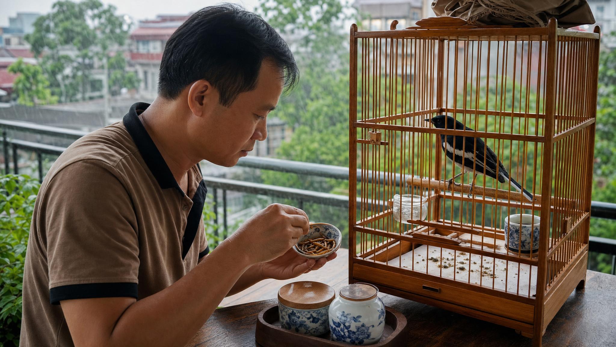 Người nuôi kiểm tra sâu quy và giấy lót phân của chòe than mùa mưa