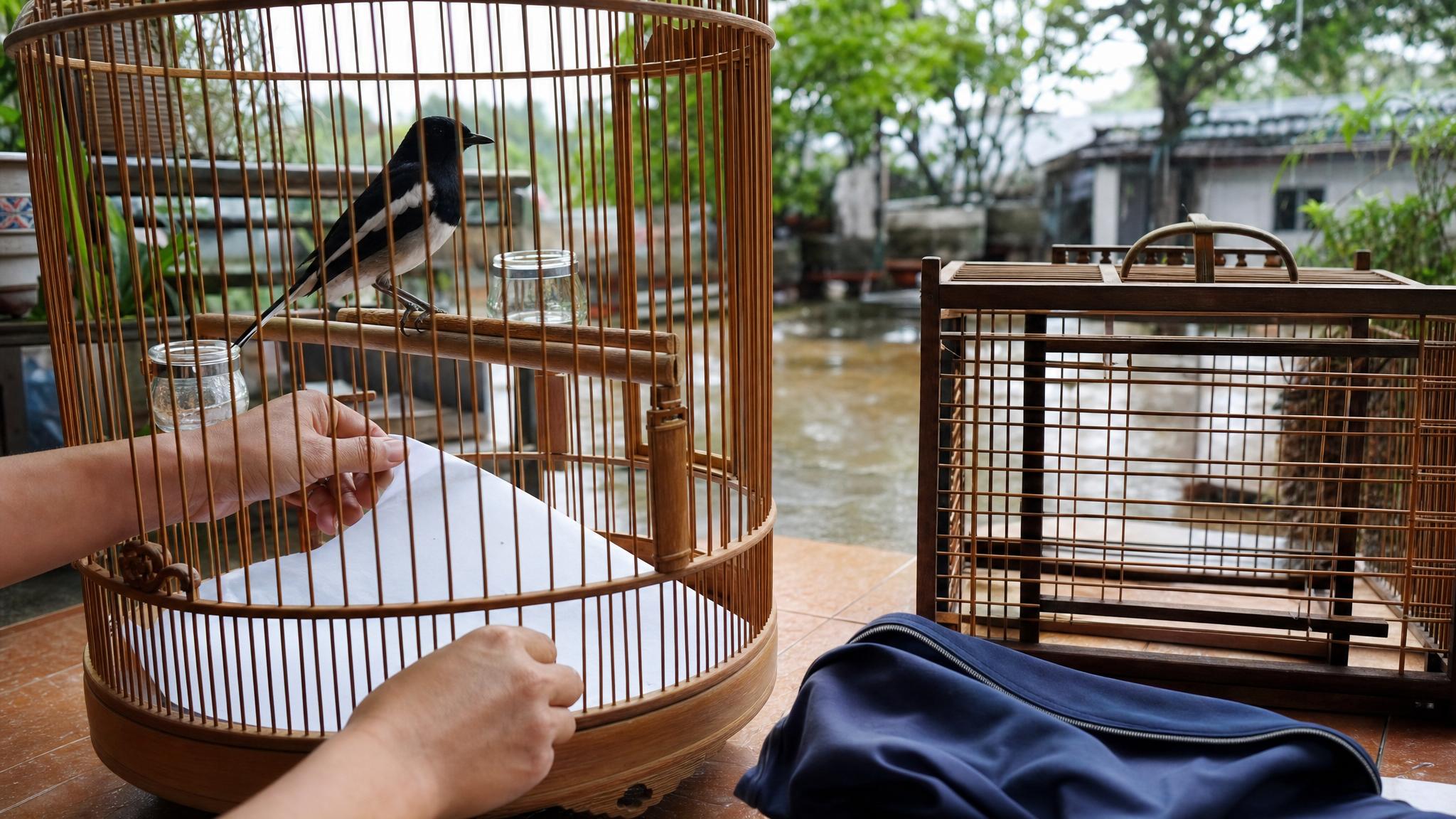 Chòe than trong lồng khô mùa mưa với cầu sạch và cám khô
