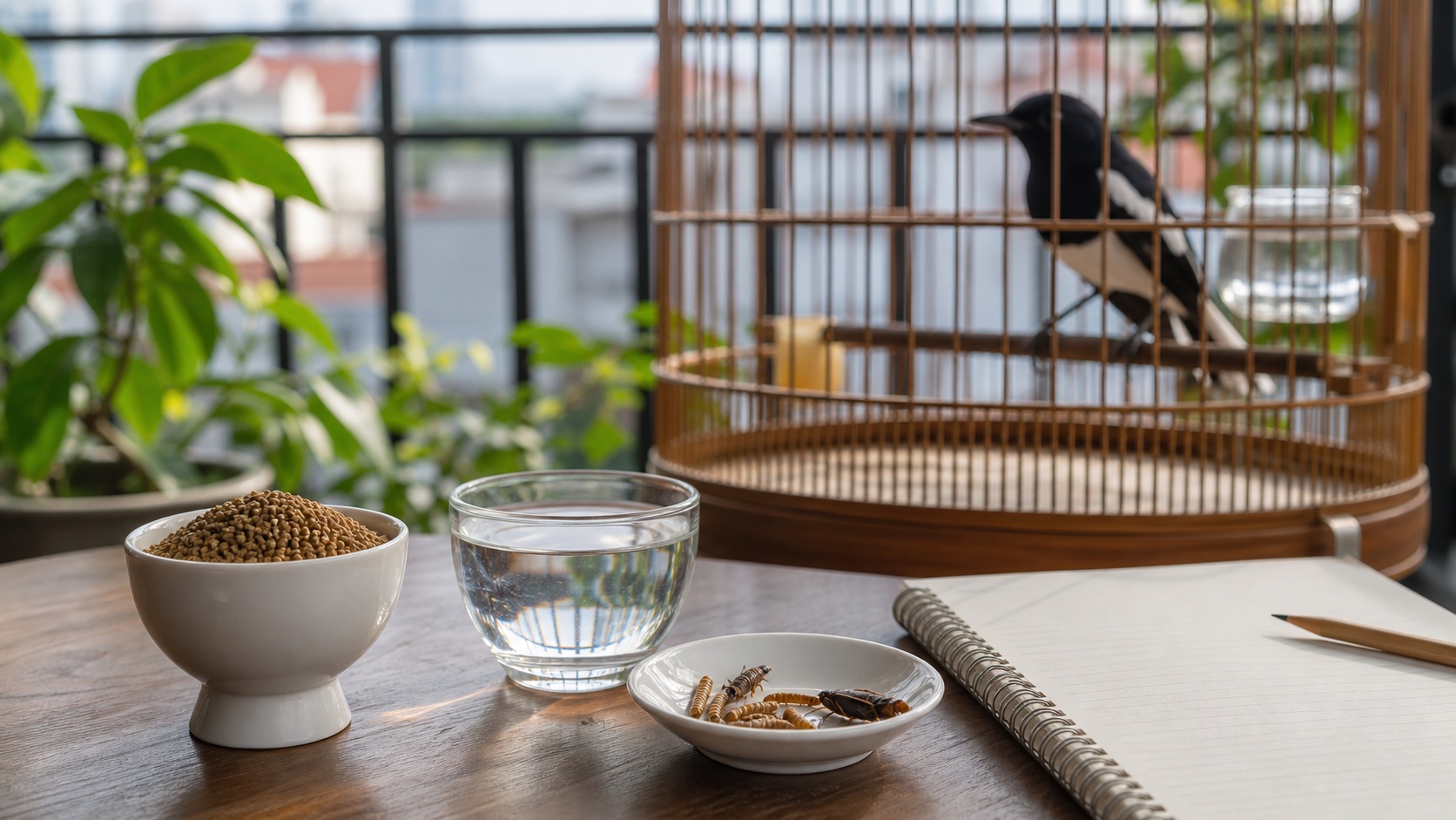 Cám khô nước sạch và mồi quen cho chòe than sau tắm nắng mùa mưa