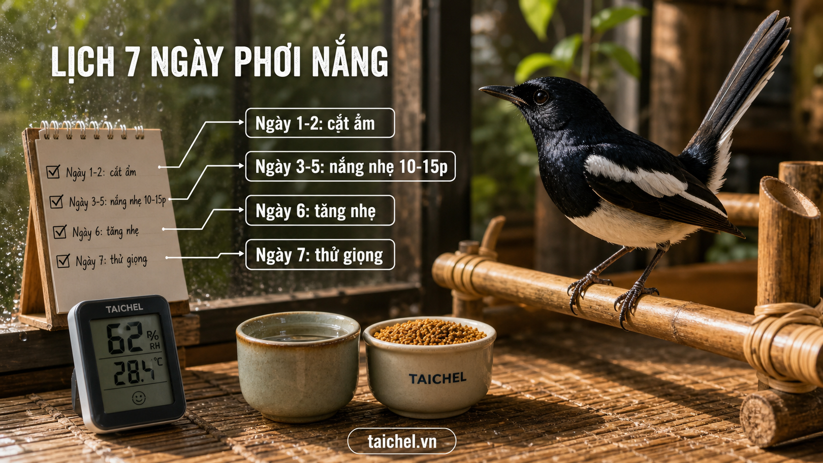 Infographic lịch 7 ngày phơi nắng mùa mưa cho chim chòe than