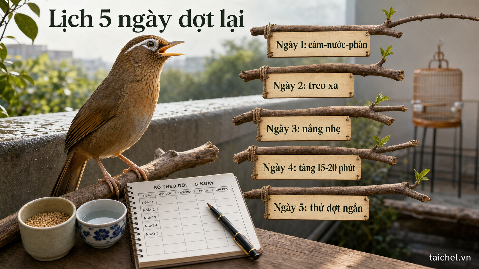 Infographic lịch 5 ngày dợt lại sau mưa dầm cho chim họa mi