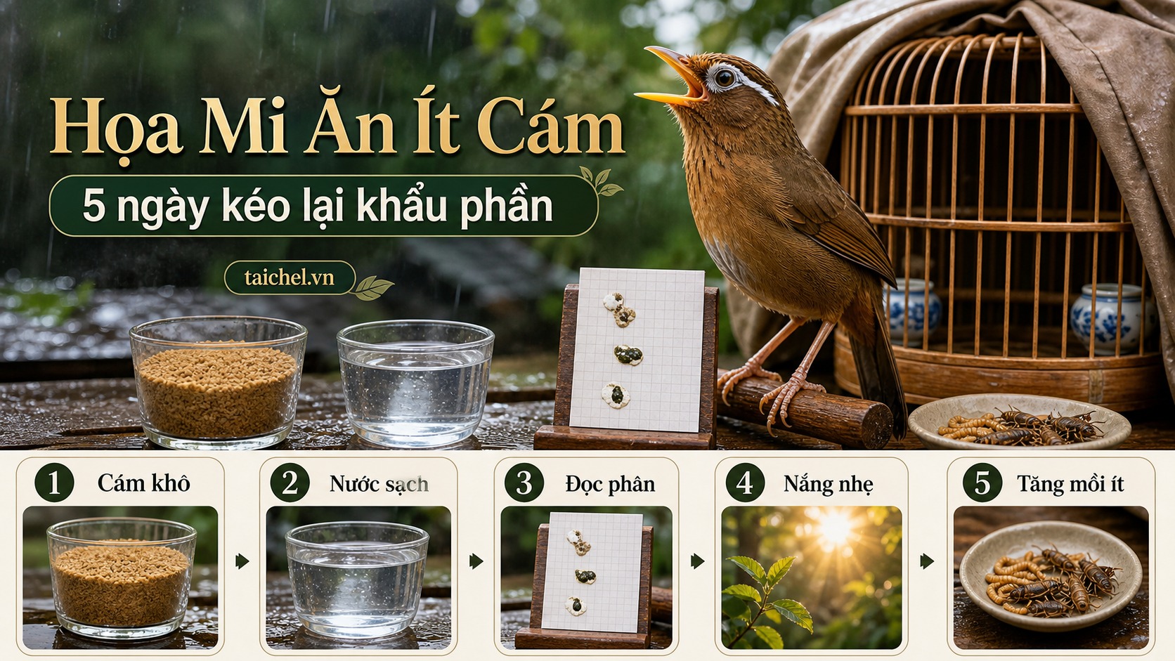 Infographic lịch 5 ngày kéo lại khẩu phần cho họa mi ăn ít cám mùa mưa