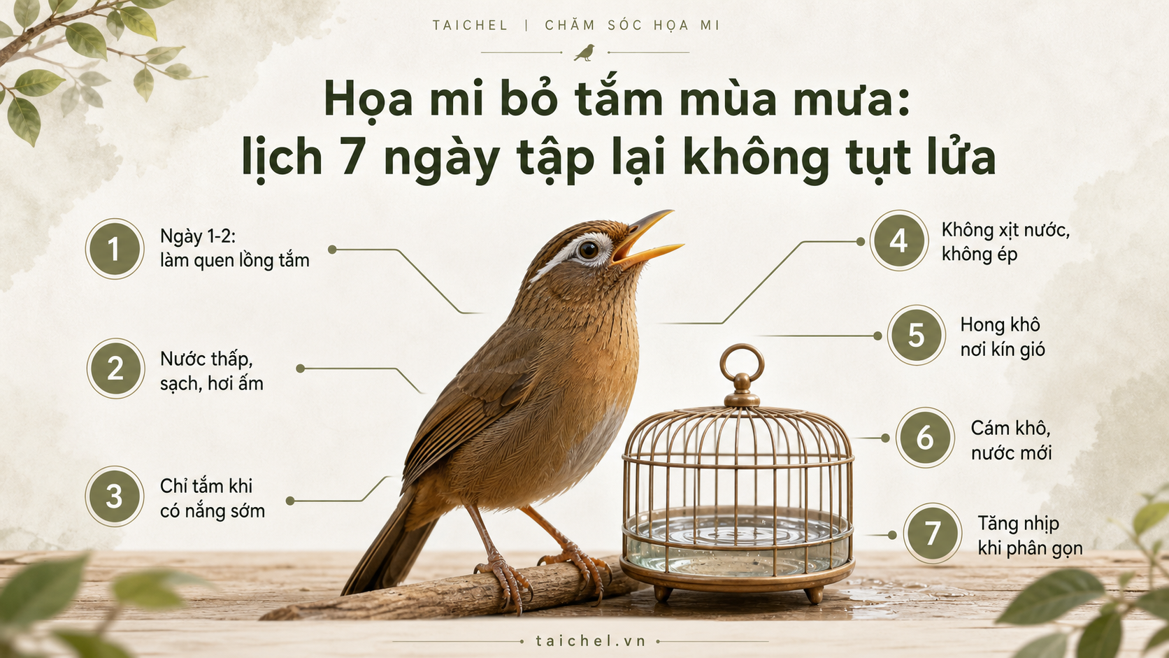 Infographic lịch 7 ngày tập lại cho họa mi bỏ tắm mùa mưa
