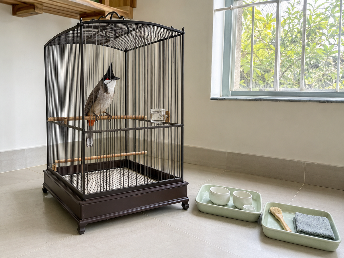 Lồng cách ly chim mới đặt trong phòng riêng với cóng và dụng cụ riêng