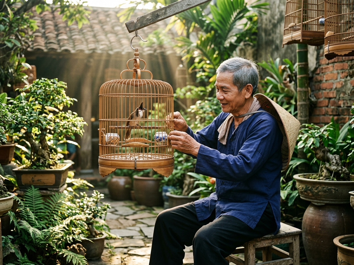 Nghệ nhân chăm sóc cóng cám cho chào mào núi mới về trong lồng tre