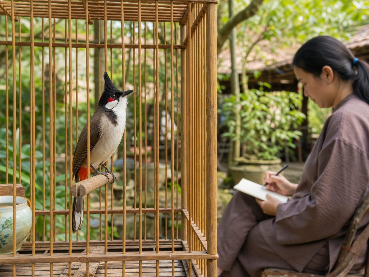 Người nuôi quan sát chim chào mào từ xa và ghi lại phản ứng trong buổi luyện nhẹ