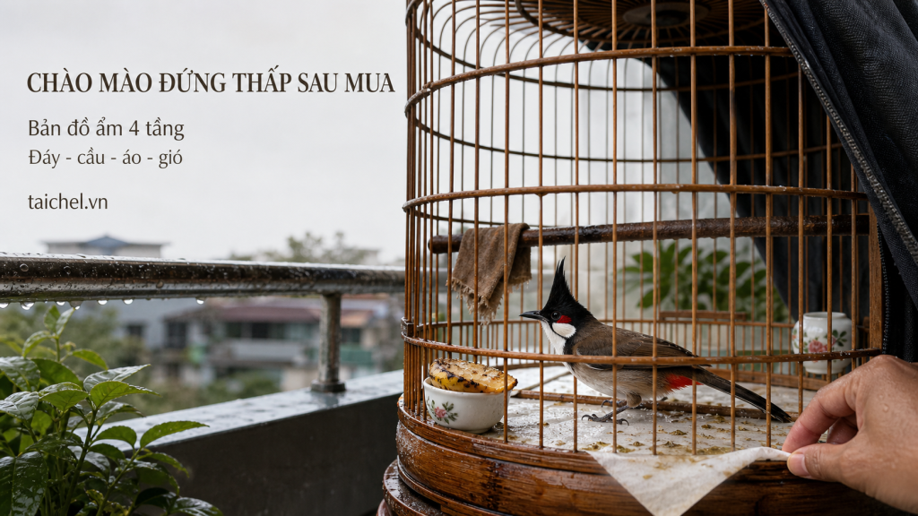 Ảnh bìa chào mào đứng thấp sát đáy lồng sau mưa, bản đồ ẩm 4 tầng