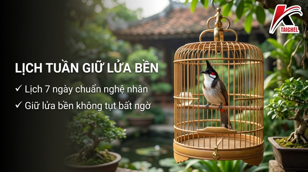 Ảnh bìa bài "Cách Nuôi Chào Mào Căng Lửa Bền: Lịch Tuần Của Nghệ Nhân 20 Năm" — tiêu đề in trên ảnh cùng logo TAICHEL