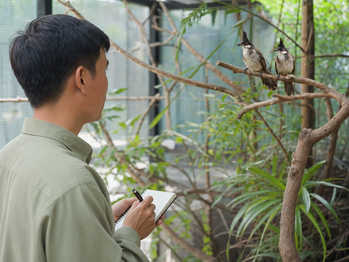 Người nuôi quan sát chào mào non từ xa và ghi chép đặc điểm
