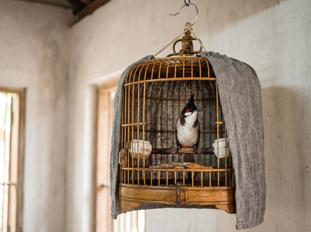 Lồng tre phủ áo lồng vải xám ba phần tư, chào mào đậu yên trên cầu gỗ, cóng sứ trắng gắn nan