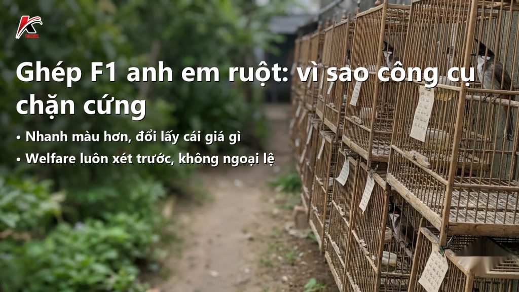 Hai dãy lồng chào mào tách riêng theo dòng, người nuôi ghi sổ phả hệ trước khi ghép cặp
