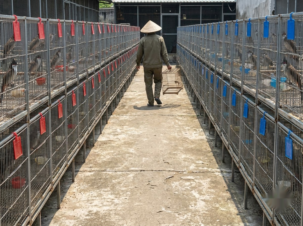 Hai dãy lồng chào mào của hai dòng độc lập đặt tách biệt trong sân nuôi, mỗi dãy gắn thẻ đánh dấu riêng
