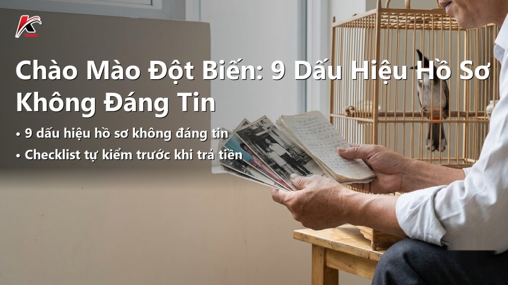 Người mua đối chiếu ảnh in và sổ ghi chép trước khi trả tiền mua chào mào đột biến, minh hoạ việc kiểm hồ sơ trước khi tin lời hứa về gene