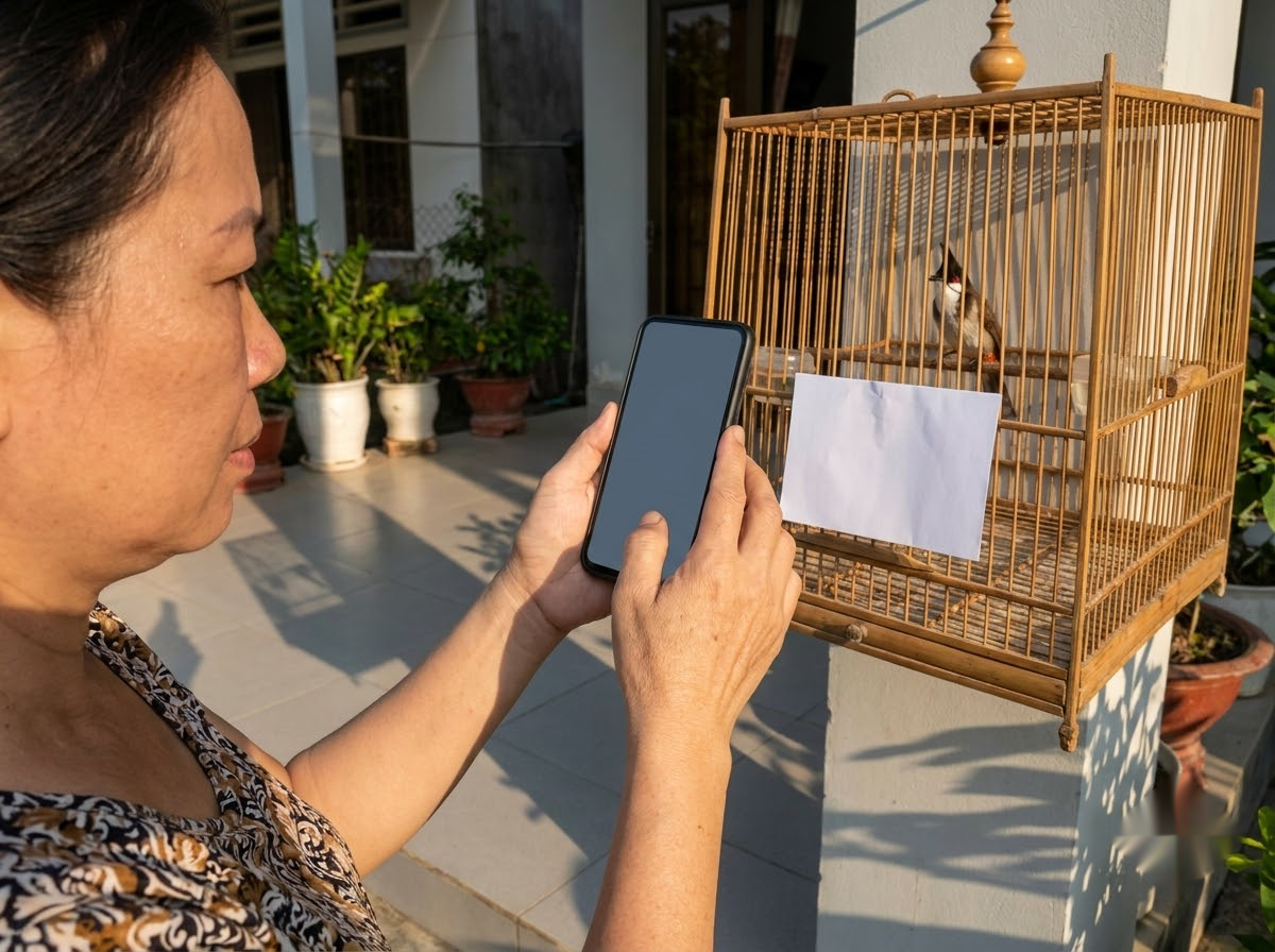 Người mua chụp lại chào mào ngoài ánh sáng tự nhiên với một tờ giấy trắng làm vật tham chiếu màu, cách tự kiểm ảnh có bị ám màu không