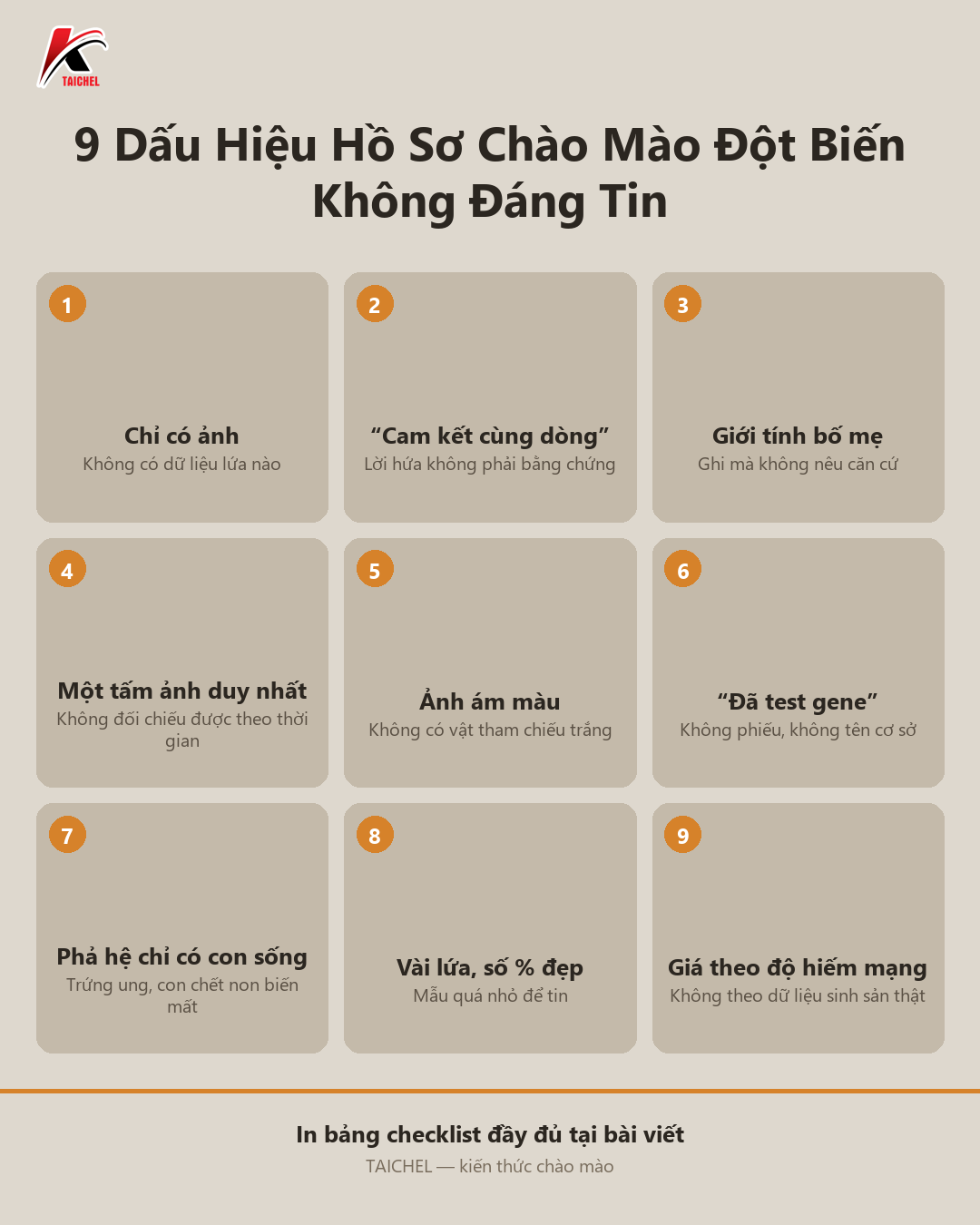 Infographic tóm tắt 9 dấu hiệu hồ sơ chào mào đột biến (chim gene) không đáng tin: từ hồ sơ chỉ có ảnh tới giá neo theo độ hiếm trên mạng