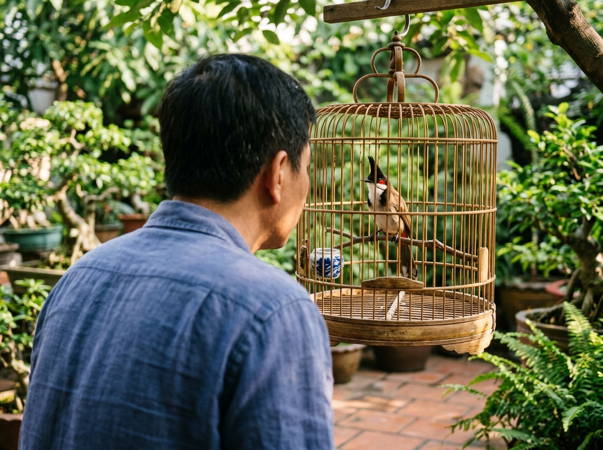 Người nuôi quan sát biểu hiện của chim chào mào để giám định tiếng kêu ro ro