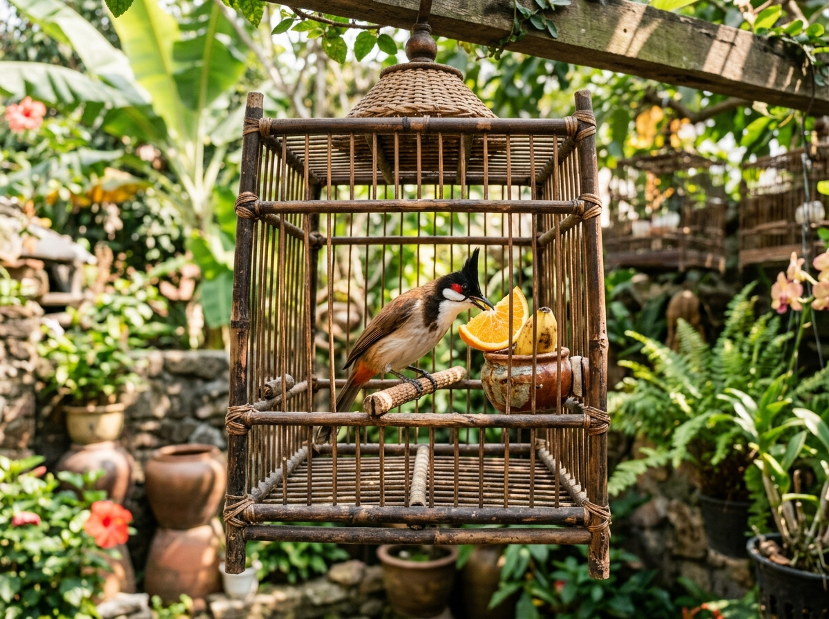 chào mào ăn cam chuối sứ trong lồng lúc thay lông