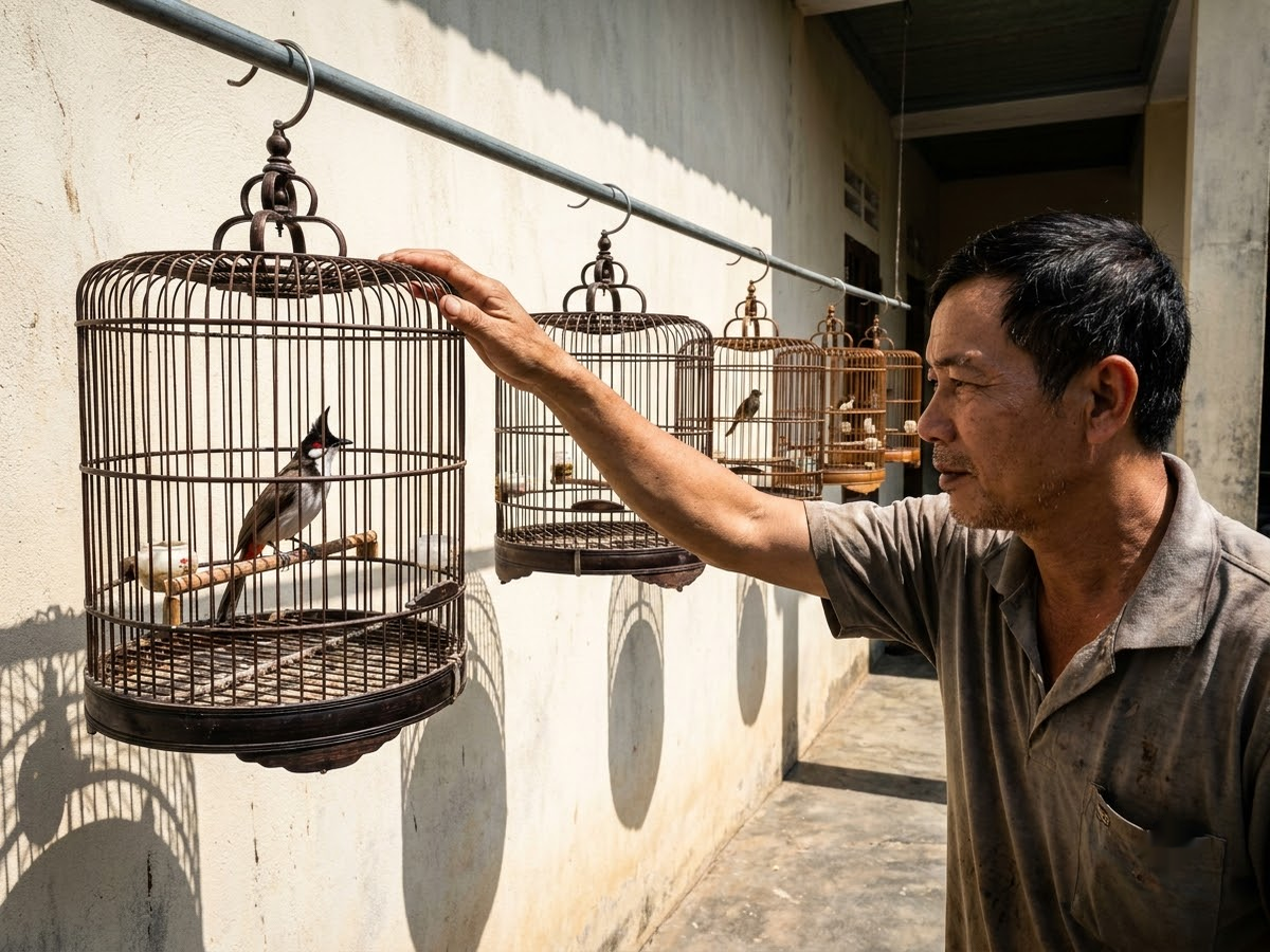 Người nuôi đứng nhìn chào mào qua nan lồng bên dãy lồng treo ngoài hiên nắng