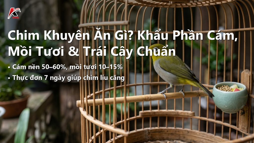 Chim vành khuyên trưởng thành đậu cầu tre bên cóng cám và trái cây trong lồng nuôi