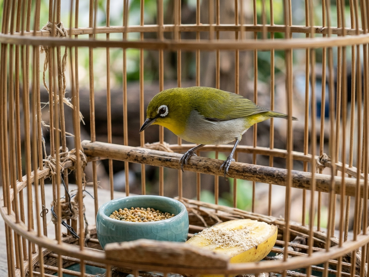Chim vành khuyên bổi đứng cầu quan sát chuối chín rắc cám và cóng cám hạt trong lồng tre