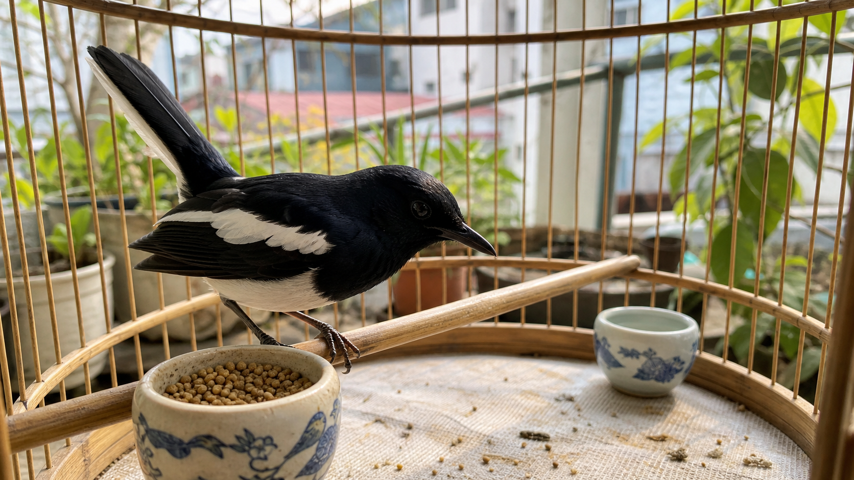 Chòe than soi cóng cám khô trong lồng buổi sáng