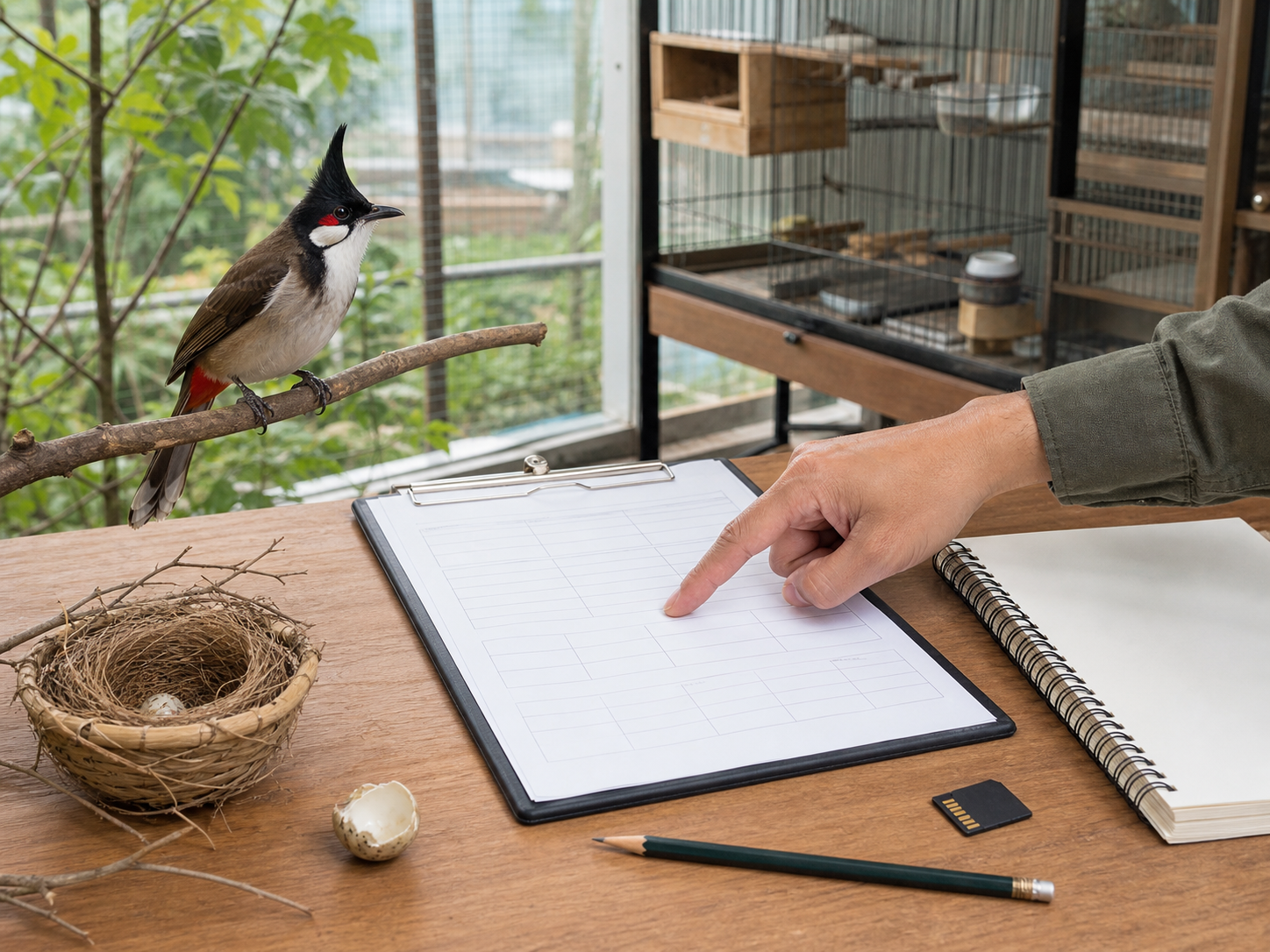 Người nuôi quan sát chào mào má đỏ trong aviary và ghi mã lứa