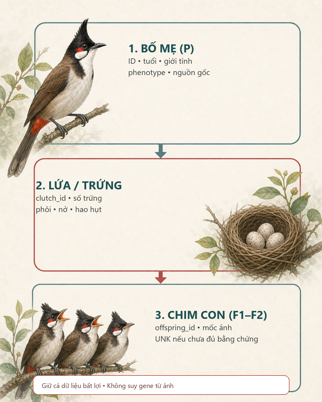 Infographic: Cách Ghi Dữ Liệu Chào Mào Bông × Nâu Từ P Đến F1–F2: Form Mẫu Và Mã Theo Dõi