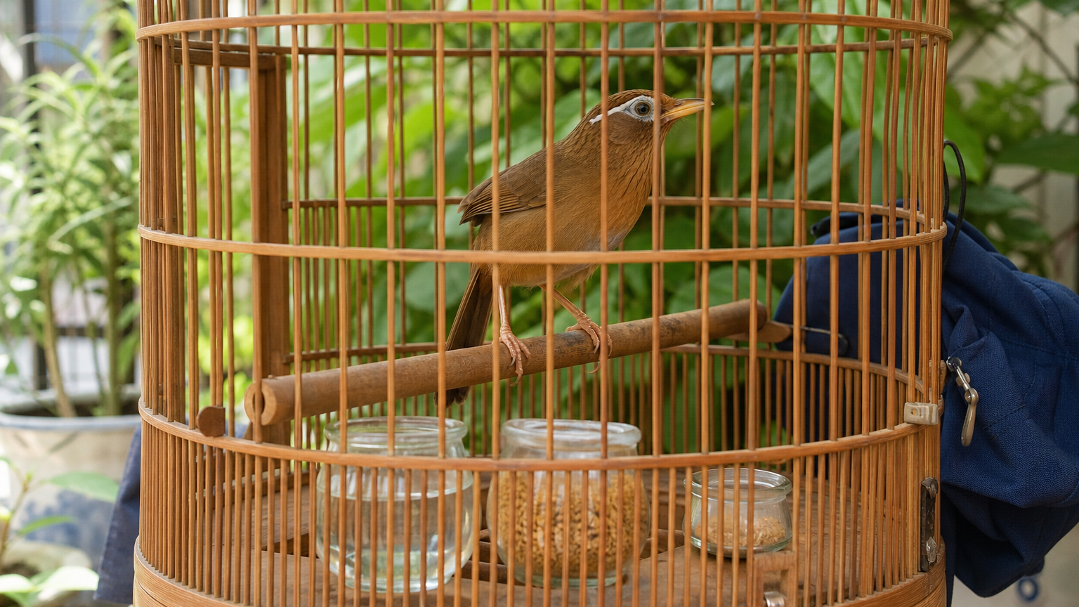 Họa mi đứng ổn cạnh cóng nước sạch và cám khô