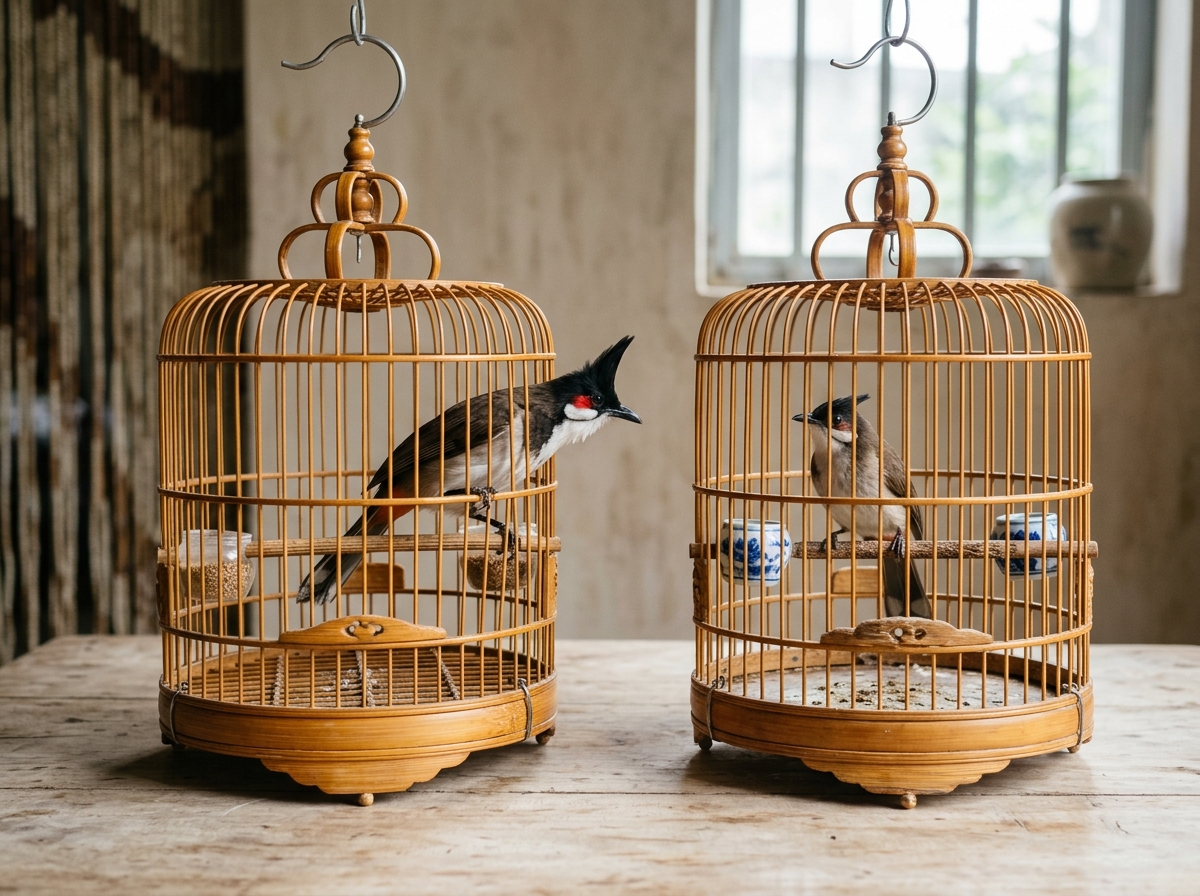 Hai lồng tre cách nhau một gang tay: lồng trái chào mào trống mào dựng má đỏ vươn về phía lồng phải có chào mào mái mào thấp