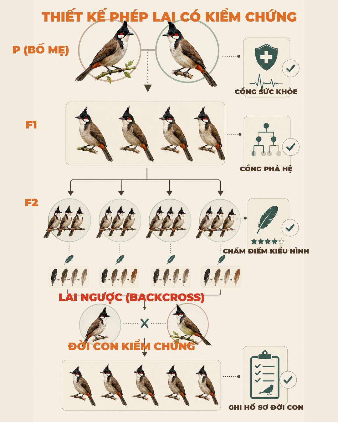 Infographic: Lai tạo chào mào màu: Thiết kế phép lai F1–F2 và lai ngược