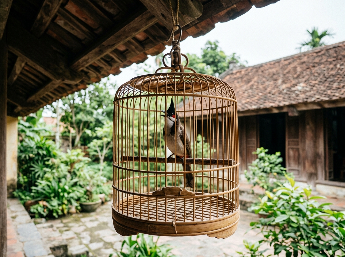 Lồng tre treo đơn độc dưới mái hiên, chào mào mở rộng mỏ đang hót, cổ vươn cao, mào dựng nhọn