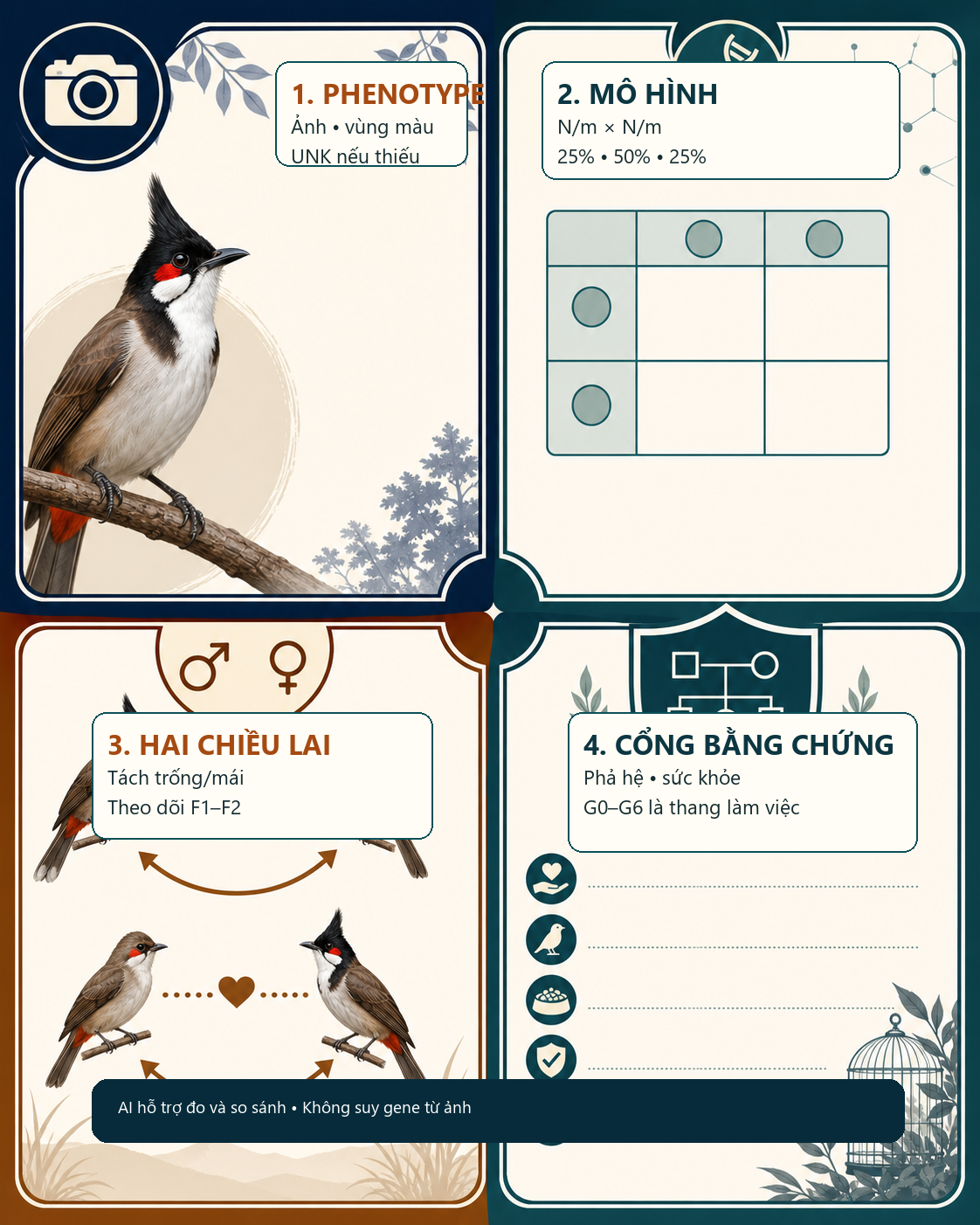 Infographic: Phả Hệ Chào Mào Bông × Nâu: Kiểm Tra Quan Hệ Và Độ Tin Cậy F1–F2