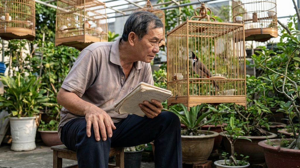 người nuôi quan sát chào mào qua nan lồng, tay cầm sổ ghi chép