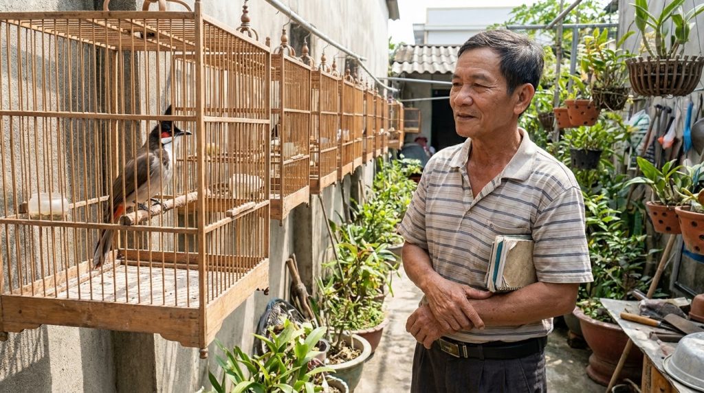 người nuôi cầm chồng sổ ghi chép đứng nhìn bao quát dãy lồng chào mào
